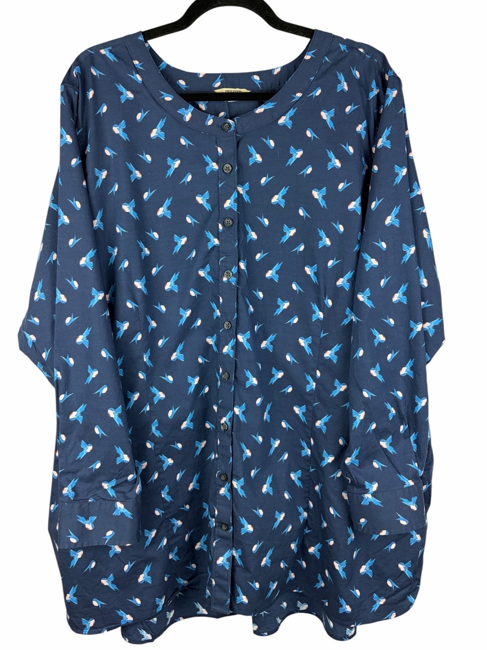 Duluth Trading Co 3X Navy Blue Bird Print Cotton Button Front Tunic Shirt Pocket